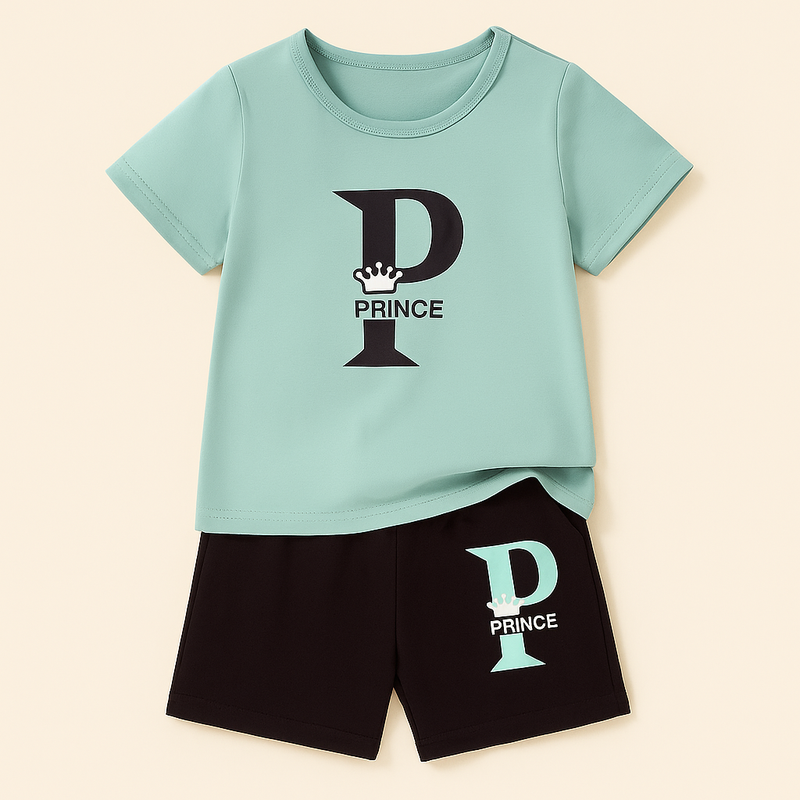 Kids T-Shirt & Short Set Printed Prince Black & Sea Green